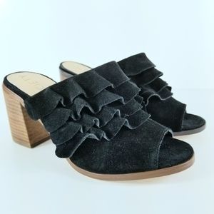Sz 37 Sole Society Peep Toe Ruffle Suede Block Heel Mules NWT